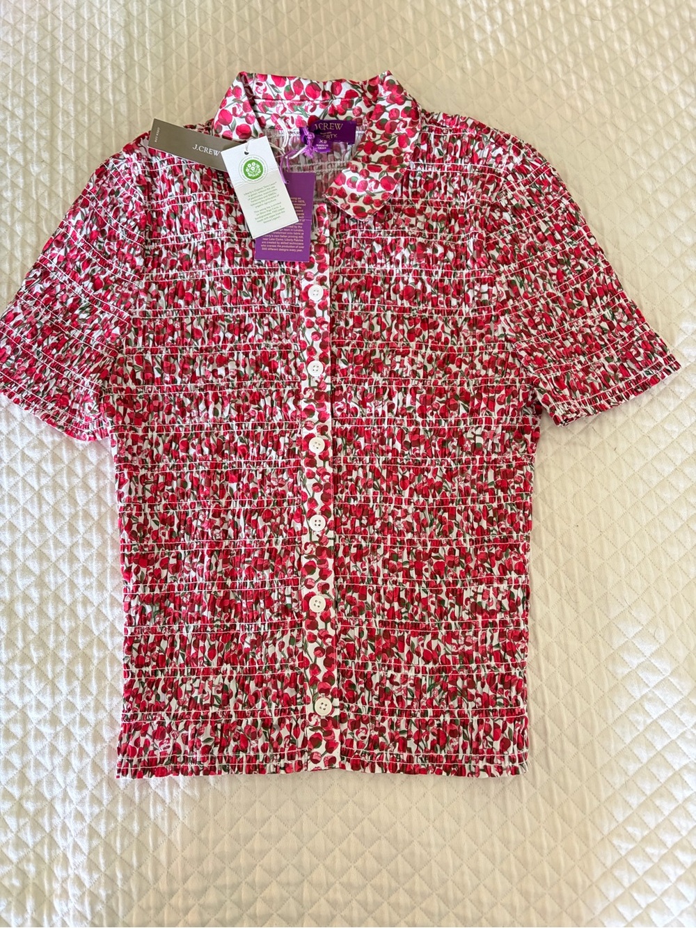 J crew Smocked button-up shirt in Liberty® Eliza's Red fabric NWT XS